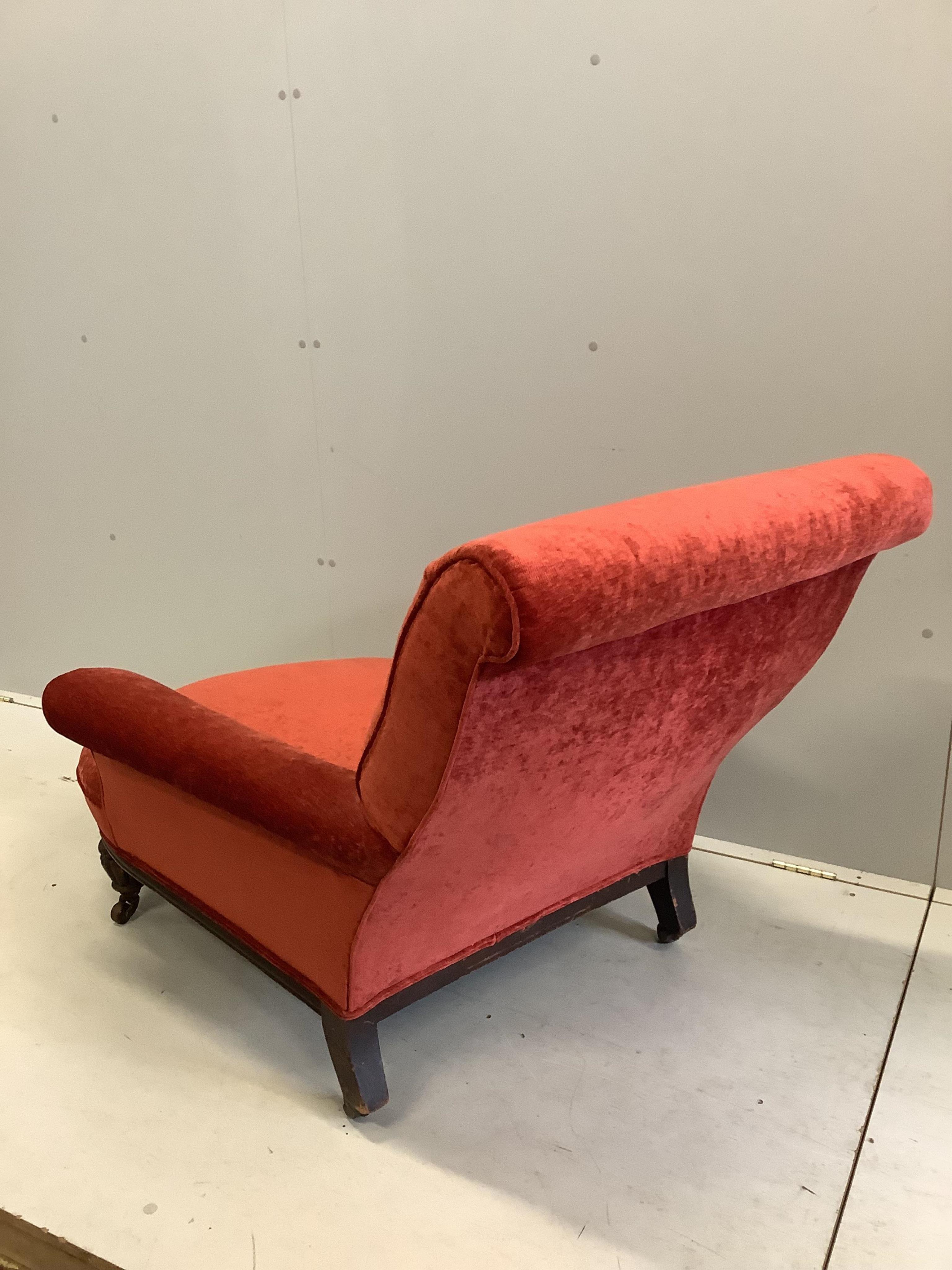 A Victorian James Shoolbred upholstered armchair, width 86cm, depth 94cm, height 82cm. Condition - good